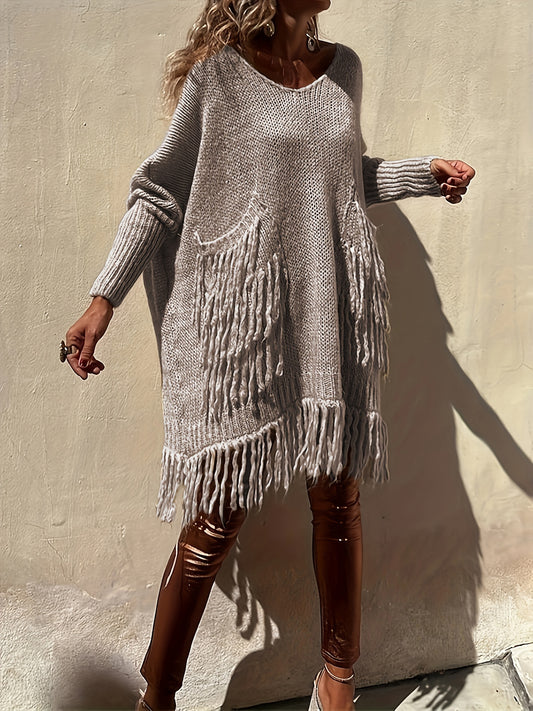 Fringe Decor Batwing Sleeve Knit Dress, Elegant Solid Color V Neck Pockets Loose Dress For Fall & Winter, Women's Clothing