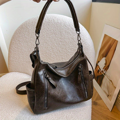 Large Capacity Fashion PU Leather Shoulder Tote Bag for Women - Dual Shoulder Straps Hobo Handbag with Zipper Closure