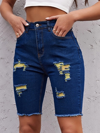 High-Rise Ripped Bermuda Denim Shorts – Vibrant Yellow Dye Details, Comfort Stretch Fabric & Casual Raw Edges – Perfect for Summer Outings