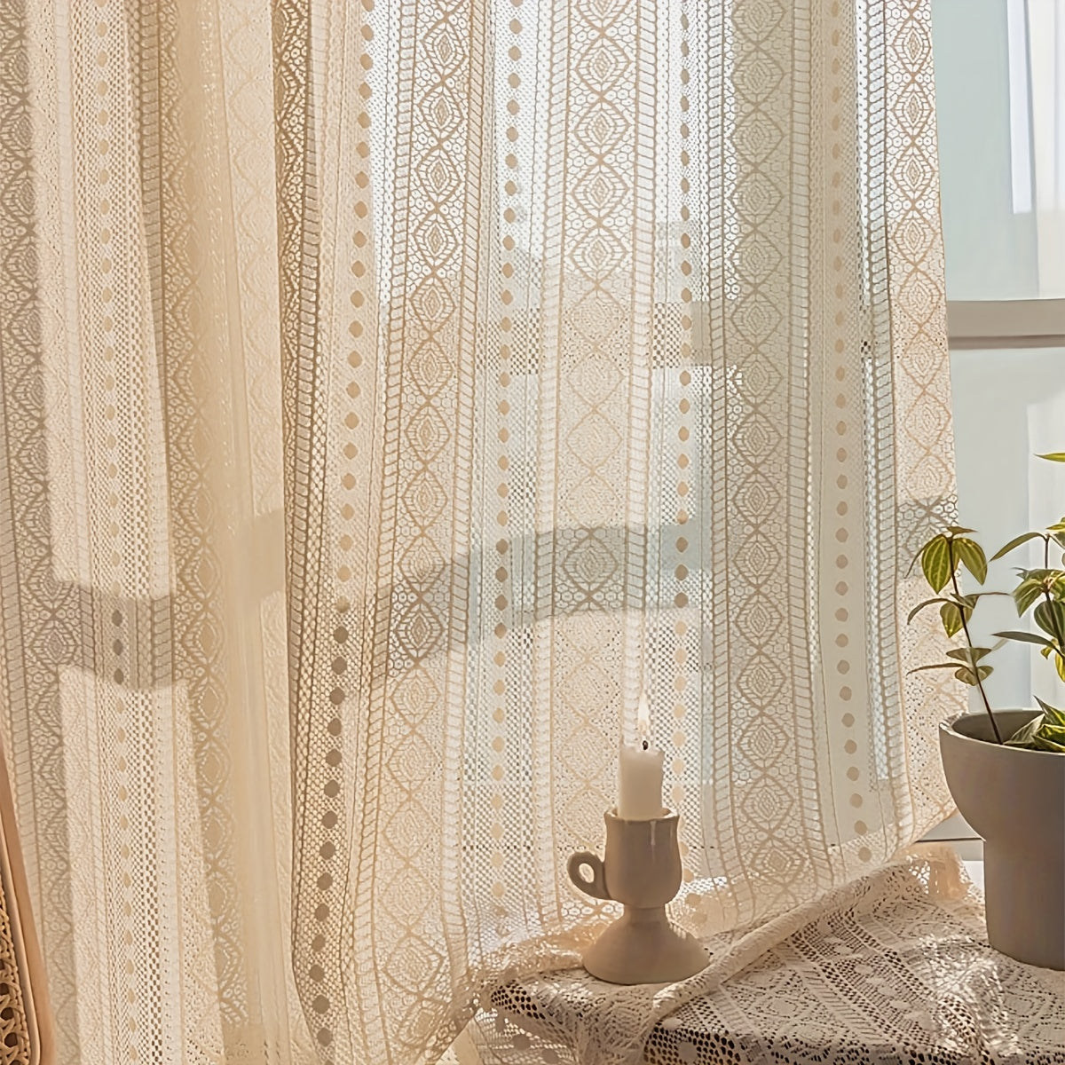 1-Panel Japanese Style Hollow Striped Sheer Curtain - Exquisite Crochet Style Argyle Pattern Design with Delicate Textures, Rod Pocket Curtain for Easy Installation and Smooth Sliding, Simple yet Elegant Design - Perfect for Adding a Touch of Elegance to