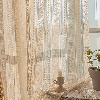 1-Panel Japanese Style Hollow Striped Sheer Curtain - Exquisite Crochet Style Argyle Pattern Design with Delicate Textures, Rod Pocket Curtain for Easy Installation and Smooth Sliding, Simple yet Elegant Design - Perfect for Adding a Touch of Elegance to