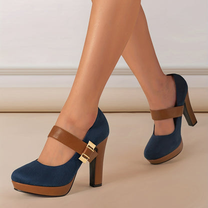 Chic Womens Pumps - Round Toe & Block Heel with Buckle, Vintage-Inspired High-Heeled Shoes for Evening Wear