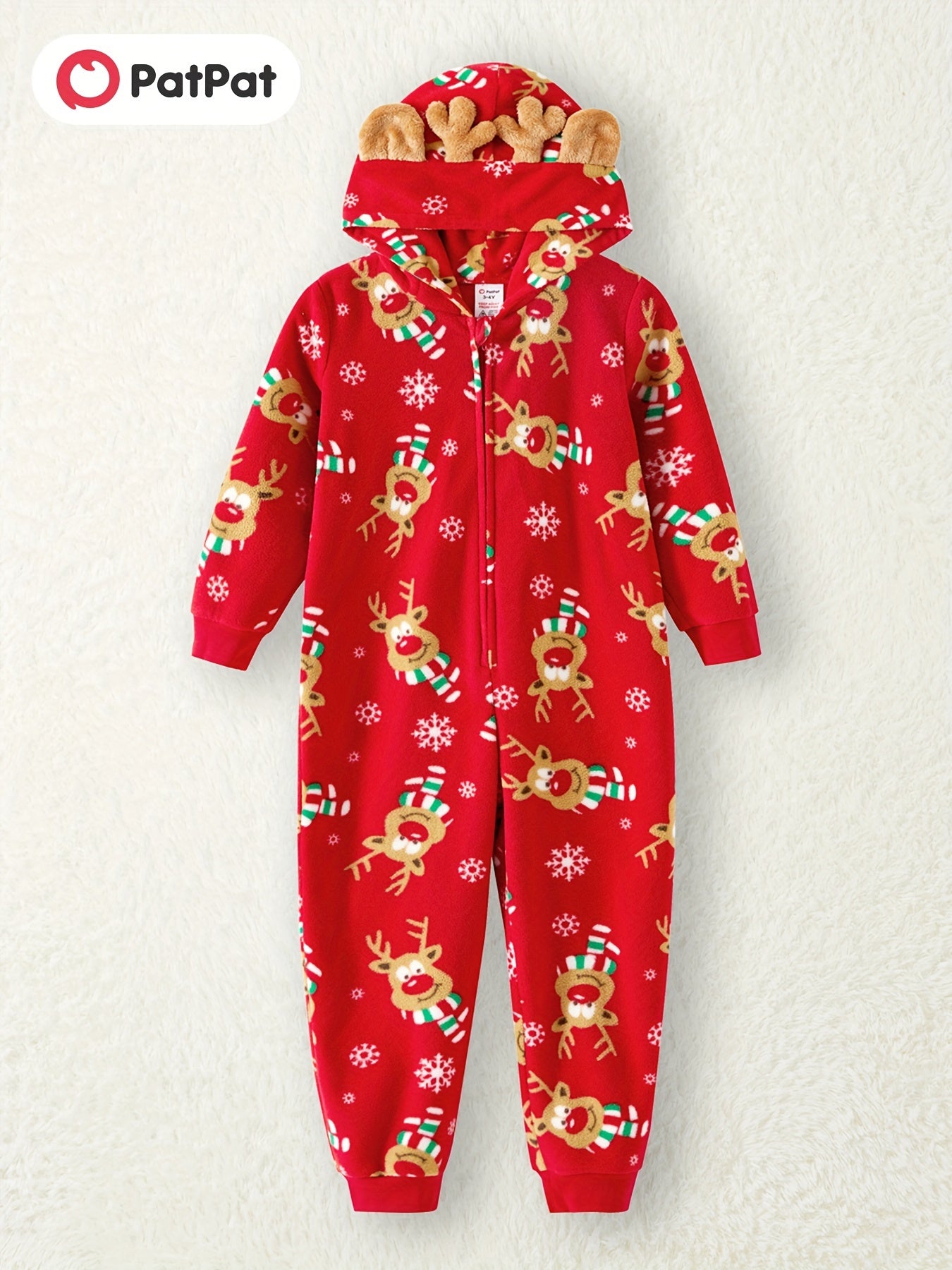 3D Antler Hooded Long Sleeve Red Thickened Polar Fleece PatPat Christmas Party Family Matching Onesies Sets for Winter Outdoors with Adorable Allover Deer Print