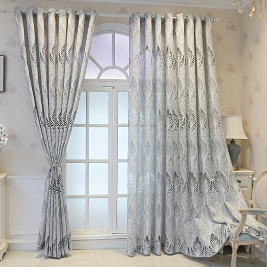 1pc Luxurious European-Style Grey Retro Jacquard Curtain Panel - Elegant Hollow Feather Leaves Pattern for Living Room, Bedroom, Kitchen, Bathroom, Home Decor, Room Decor with Soft Touch and Light Filtering Function