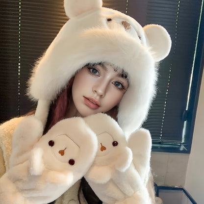 Cozy Cartoon Bear Plush Hat & Gloves Set - Thick, Warm Ear-Protecting Winter Cap with Cute Animal Design for Women