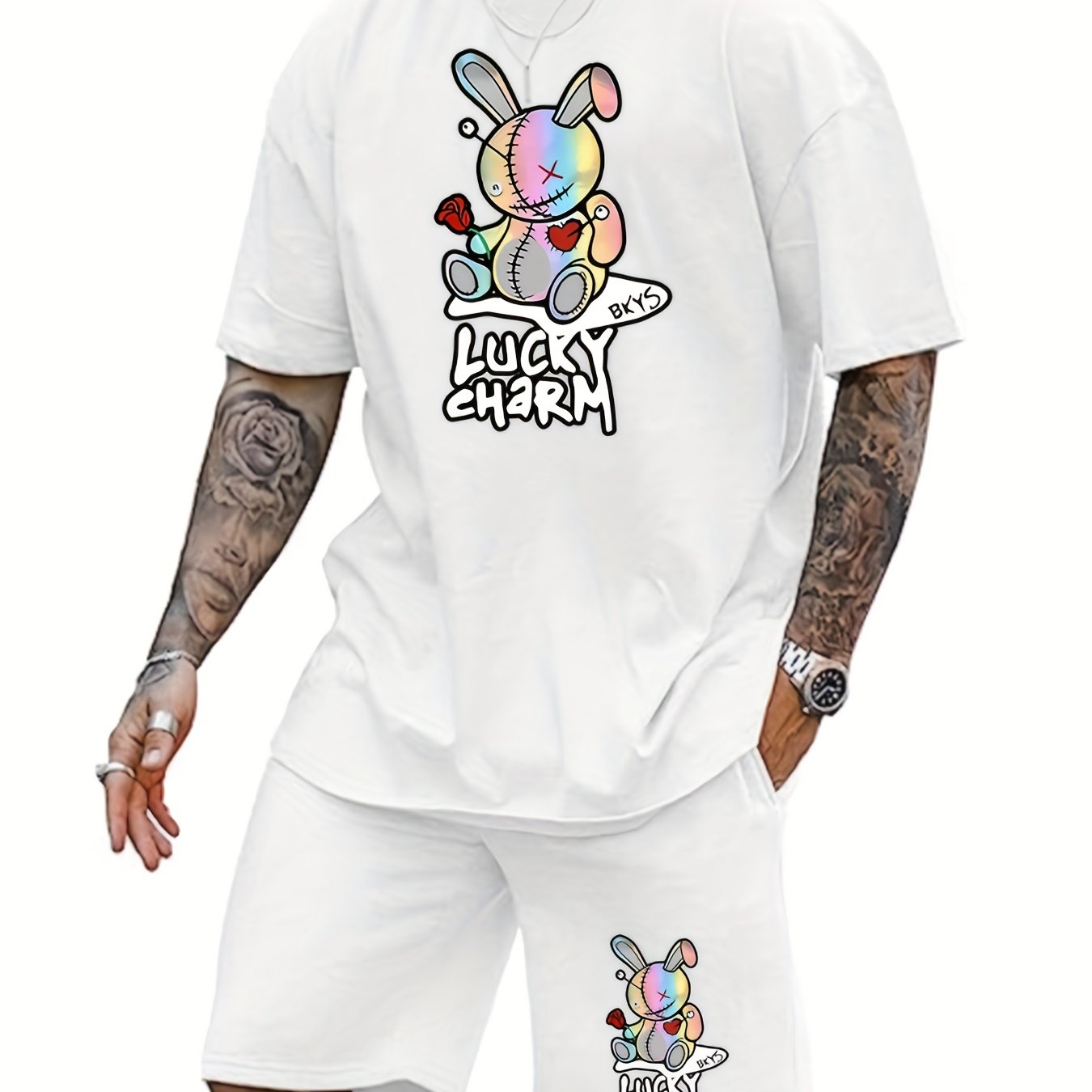 2pcs Mens LUCKY CHARM Loungewear Set - Fashion Bunny Doll Print T-Shirt & Drawstring Shorts with Pockets - Comfortable Casual Pajama Outfit for All-Day Wear