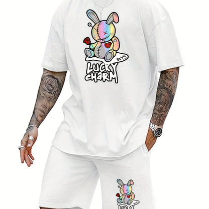 2pcs Mens LUCKY CHARM Loungewear Set - Fashion Bunny Doll Print T-Shirt & Drawstring Shorts with Pockets - Comfortable Casual Pajama Outfit for All-Day Wear