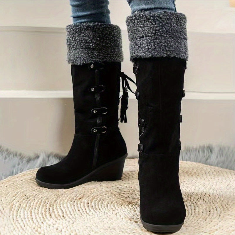 Stylish Plush Lined Wedge Heeled Boots - Knee-High Comfortable Dress Boots with Slip-On Design and Soft Inners for Women - Perfect for Casual and Formal Occasions