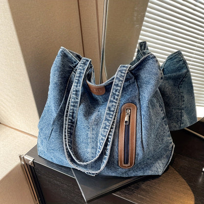 Chic Denim Crossbody Bag for Women - Trendy Shoulder Handbag with Zip Closure, Polyester Lined, Fashionable Contrast Color Design