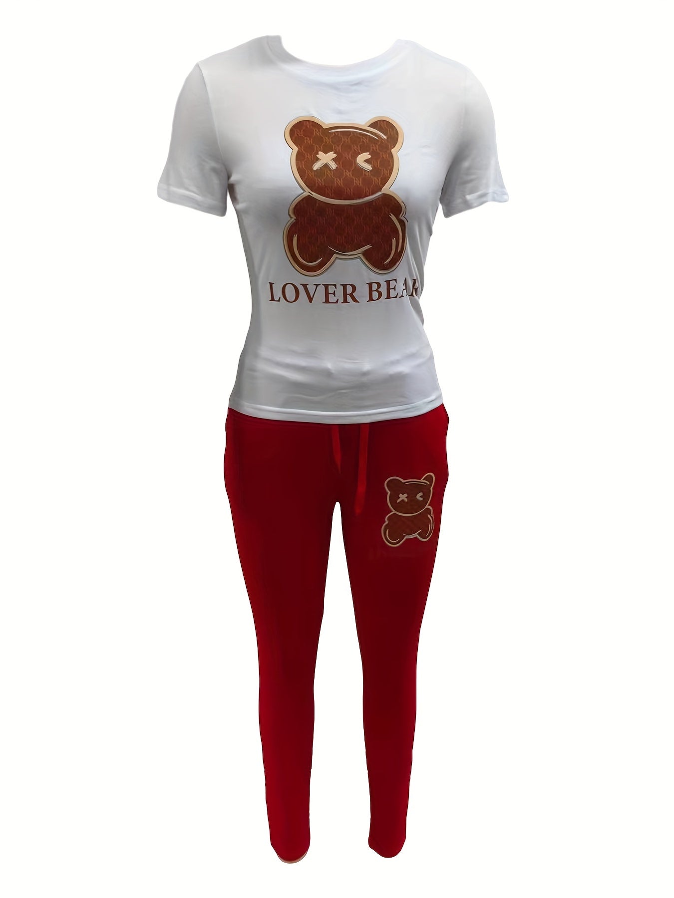 Bear & Letter Print Two-piece Set, Crew Neck Short Sleeve Top & Drawstring Pants Outfits, Women's Clothing