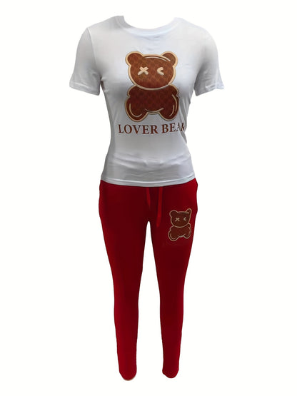 Bear & Letter Print Two-piece Set, Crew Neck Short Sleeve Top & Drawstring Pants Outfits, Women's Clothing