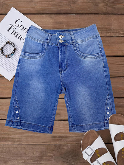 High-Waisted Denim Bermuda Shorts for Women - Slim Fit, Patchwork, Double Buttons, Casual Summer Fashion with Sexy Plain Design - Perfect for Outdoor Activities