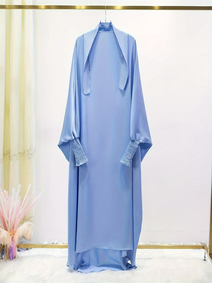 Solid Color Crew Neck Kaftan Dress, Modest Batwing Sleeve Maxi Dress, Women's Clothing