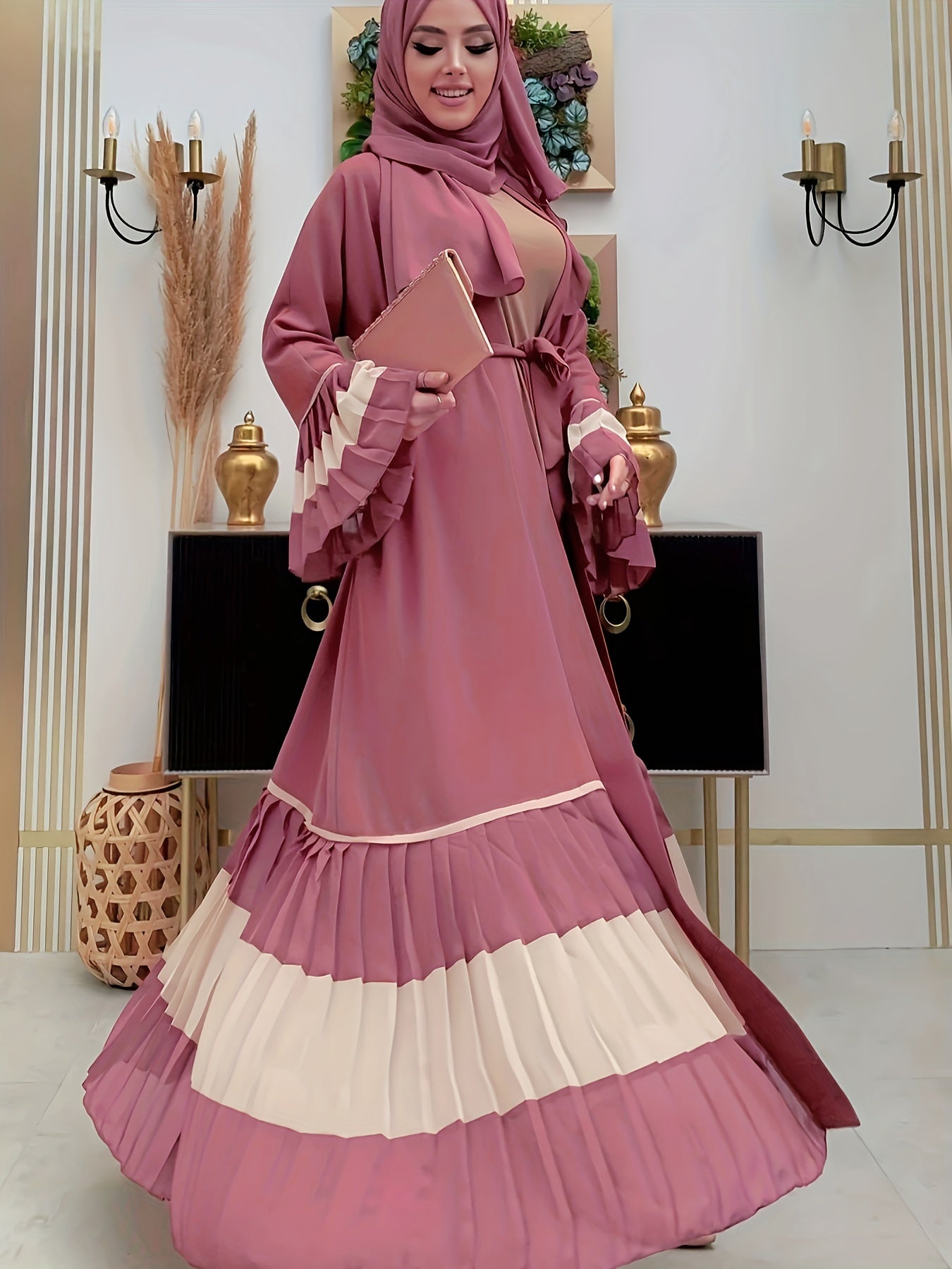 Elegant Long Sleeve Maxi Abaya Dress - Soft Polyester Fabric, Micro Elasticity, Machine Washable, Solid Color, Spring/Summer/Fall Wear, Frill Details - Womens Elegant Clothing for Special Occasions