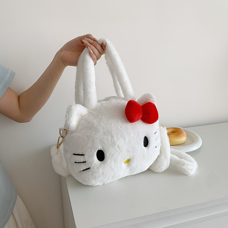 HelloKitty Sanrio Faux Fur Handbag | Anime Cartoon-Themed, Removable Strap, Zipper Closure, Polyester Lined