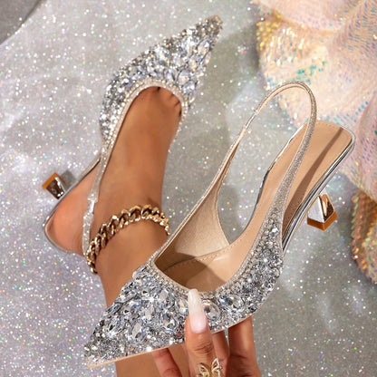 Glamorous Sparkling Glitter Stiletto Heels - Dazzling Rhinestone Embellished Pointed Toe Pumps with Comfort Slingback for Fashion-Forward Partygoers