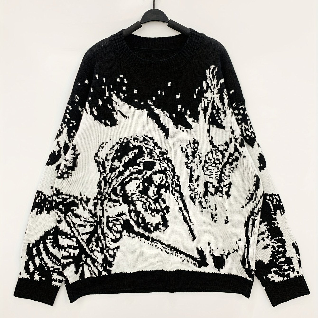 Plus Size Mens Fashionable Skeleton Print Knit Sweater - Eye-Catching Animal Design for Spring, Fall, and Winter - K-pop Inspired Style