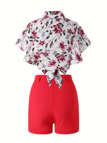 2pcs Chic Floral Crop Shirt & Solid Shorts Set - Breathable, Comfort Fit for Stylish Spring & Summer Wear, Ideal Women's Casual Outfit