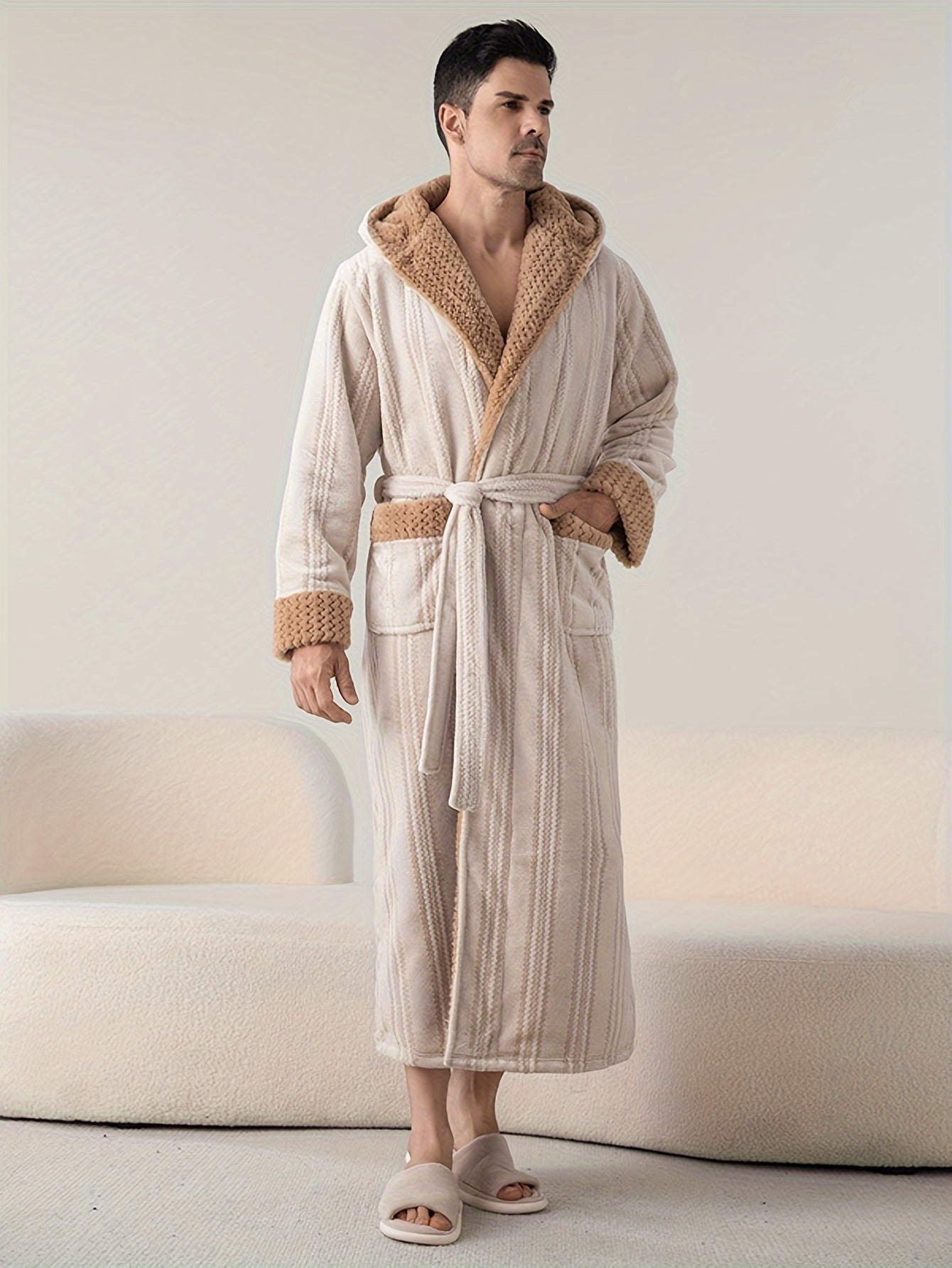 Cozy Plus-Size Hooded Bathrobe For Couples - Thick Double-Layer Jacquard Sleepwear With V-Neck & Pockets, Machine Washable - Perfect For Fall/Winter