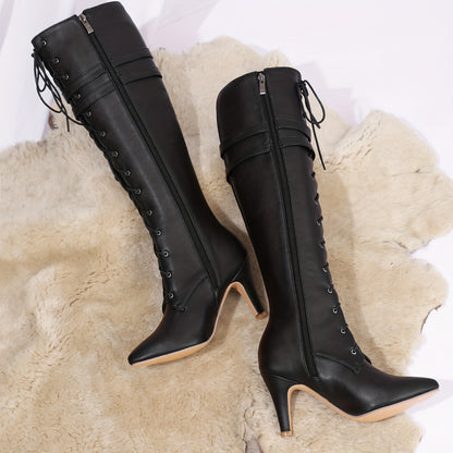 Elegantly Pointed Toe Knee High Boots - Lace-Up, Side Zip, Flare Heel, Solid Color - Elevate Your Style & Comfort