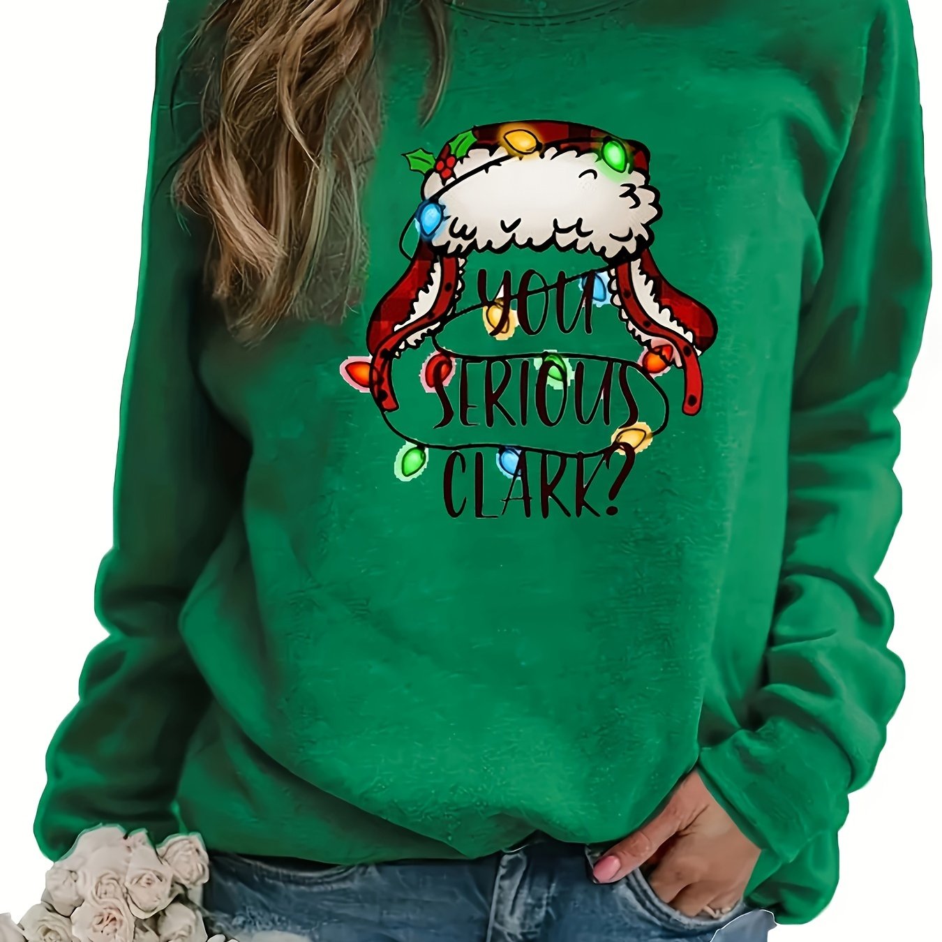 Cozy Festive Graphic Print Crew Neck Sweatshirt - Soft Casual Long Sleeve Drop Shoulder Design, Relaxed Fit, Women's Winter Clothing for Holiday Season