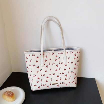 Adorable Cherry Print Tote Bag - Spacious Shoulder Bag for Women - Versatile Casual Style for Everyday Adventures