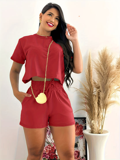 Womens Elegant Solid Color Casual Shorts Set - Crew Neck Short Sleeve Crop Top, Tie Waist Pants, Polyester Fabric, Regular Fit, Machine Washable - Perfect for Spring and Summer Outings