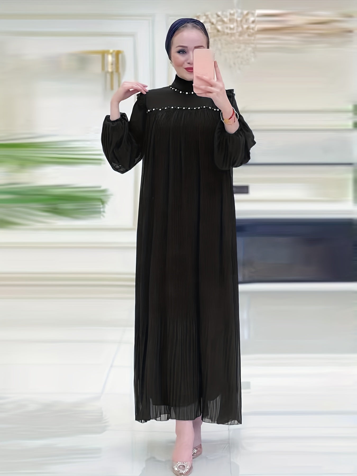 Sparkling Ramadan Elegance - Rhinestoned Pleated Mock Neck Maxi Dress with Adjustable Tie Waist and Lantern Sleeves - A Modest, Timeless Choice for Women