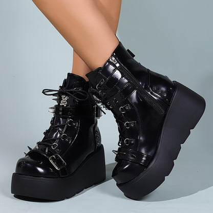 Womens Punk Style Solid Color Wedge Boots - Smooth Zipper, Rivet & Buckle Accent - Bold Round Toe Platform Heels