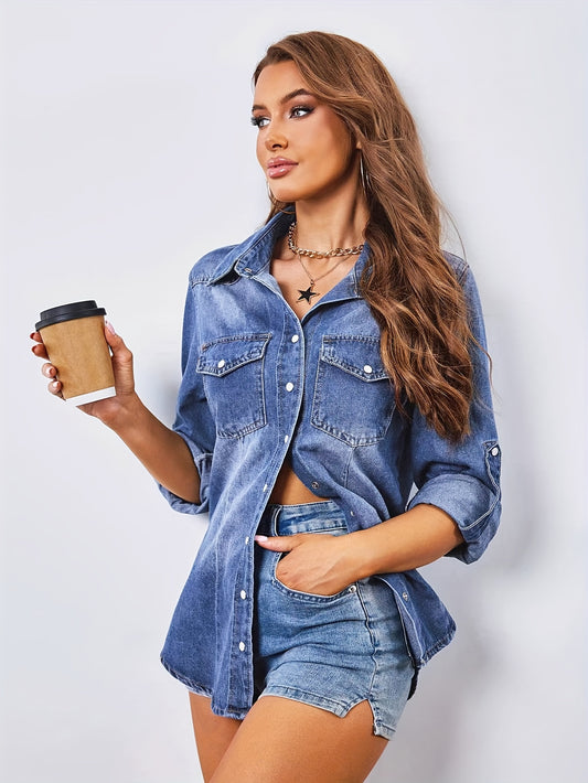 Casual Style Washed Blue Button Up Long Sleeve Denim Shirts Top, Women's Denim Jeans & Clothing