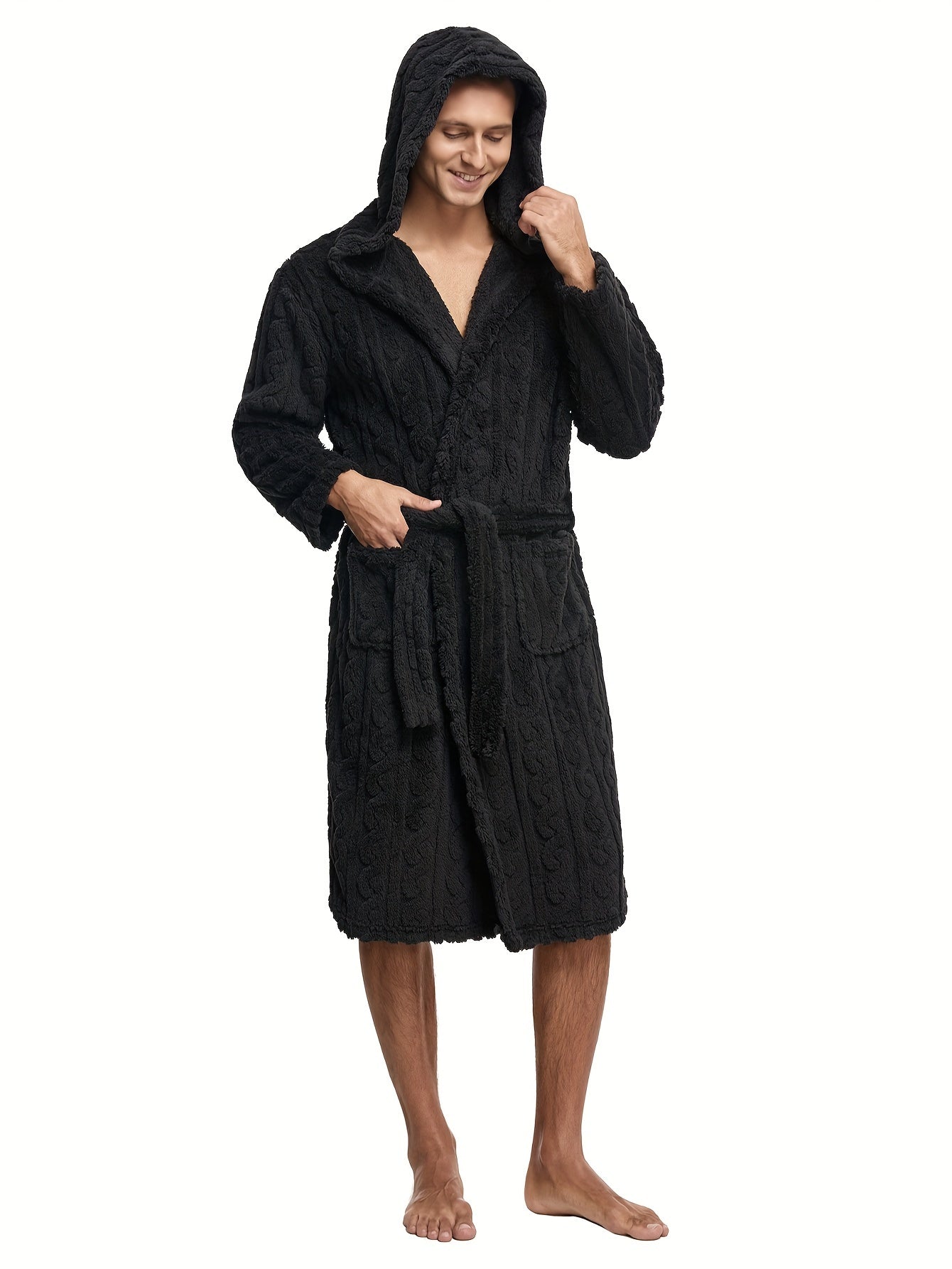 Men's Comfy Solid Fleece Robe Home Hooded Pajamas Wear With Pocket, One-piece Lace Up Kimono Night-robe Warm Sets After Bath