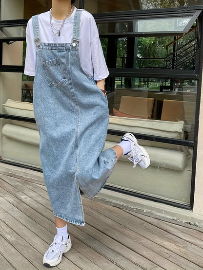 Plain Washed Blue Adjustable Strap Loose Fit Retro Casual Style Denim Overall Dress, Women's Denim Jeans & Clothing