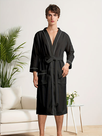 Men's Casual Non-Stretch V-neck Satin Kimono Robe, Elegent Style With Solid Color, Vacation Style Comfortable Sleepwear Elegant Style Bathrobe With Belt Spa Home Wear