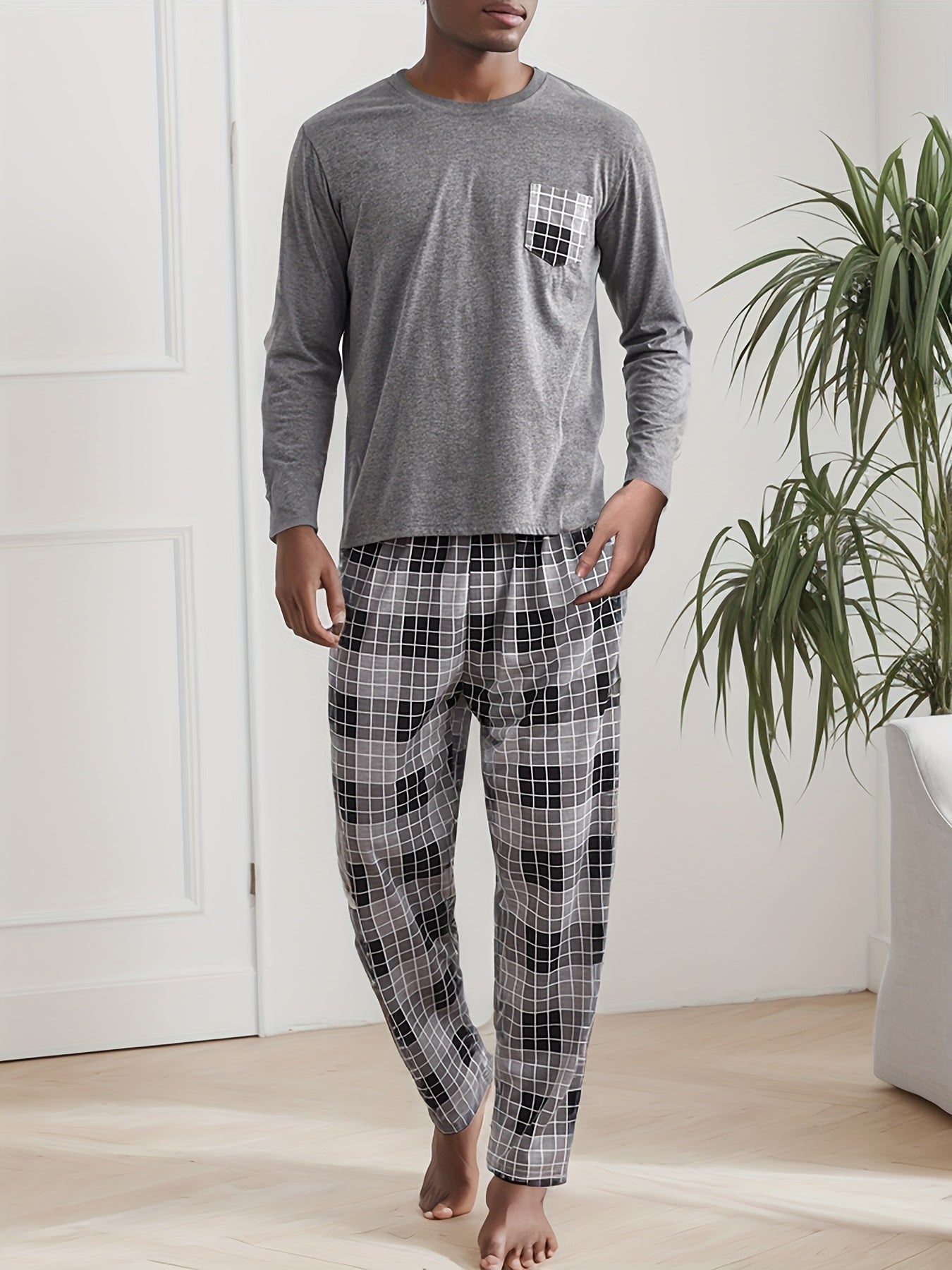 2 Pcs Men's Simple Plaid Pocket Round Neck Long Sleeve & Plaid Trousers Casual Pajama Set, Comfortable & Skin-friendly Style Pajamas For Men's Cozy Loungewear