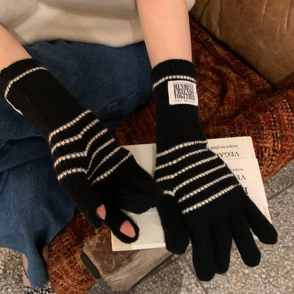 Cozy Striped Knit Gloves For Women - Touchscreen Compatible, Thick & Warm Full Finger Mittens With Elastic Fit