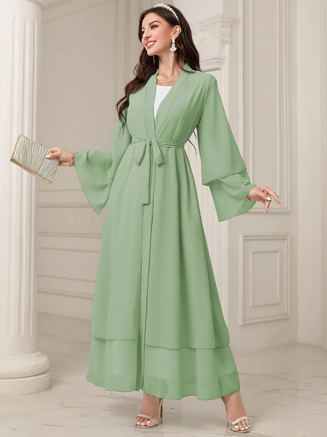 Long Sleeve Elegant Modest Cover Up Dress - Semi-Sheer, Solid Color, Polyester, Loose Fit, Middle East Style, Woven, No Elasticity, Perfect for All Seasons