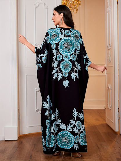 Ramadan Elegant Batwing Sleeve Ruffle Maxi Length Kaftan Dress - Stunning Graphic Print, Crew Neck, Flowy Design, Comfortable Wear, Women's Modest Clothing for Special Occasions