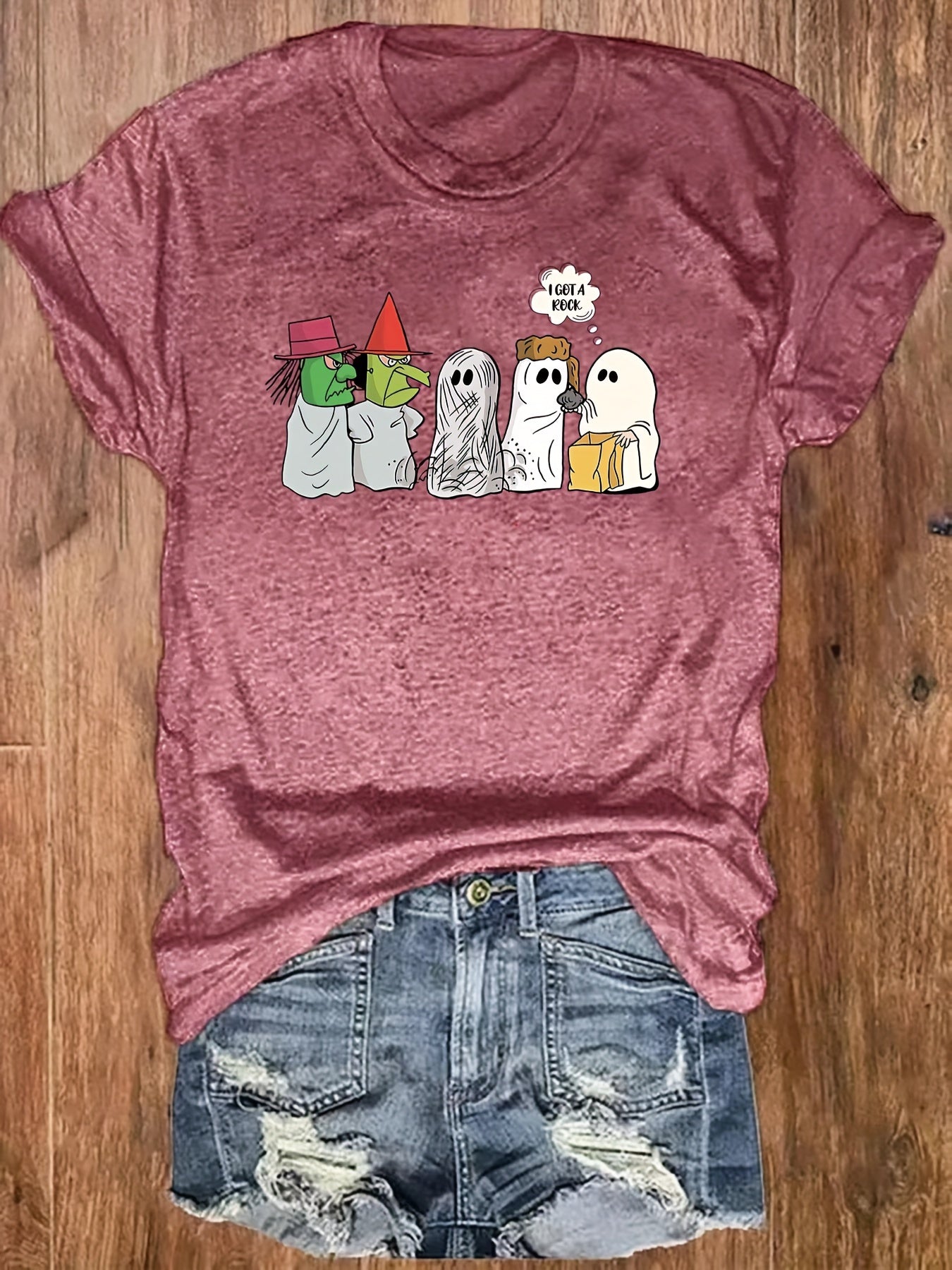 Halloween Themed Crew Neck Short Sleeve T-Shirt - Soft Rayon Fabric, Mid Elasticity, Regular Length, Machine Washable, Casual Style for Spring & Summer - Womens Clothing for All Seasons