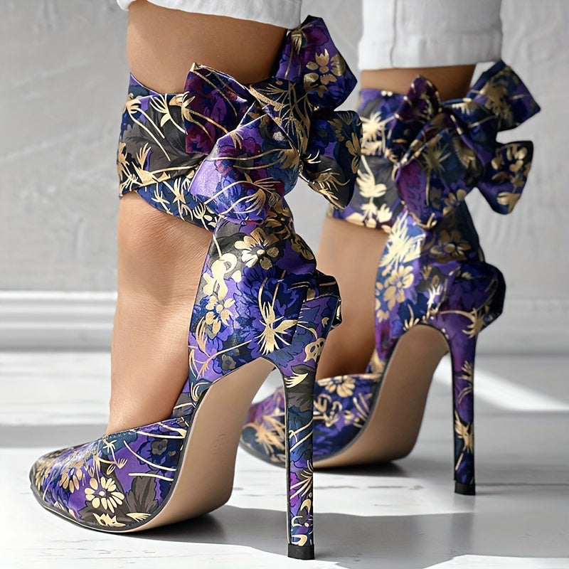 Chic Floral Satin Stiletto Sandals with Lace-Up Closure, Elegant Pointed Toe Design, Strappy Ultra High Heels for Evening Elegance