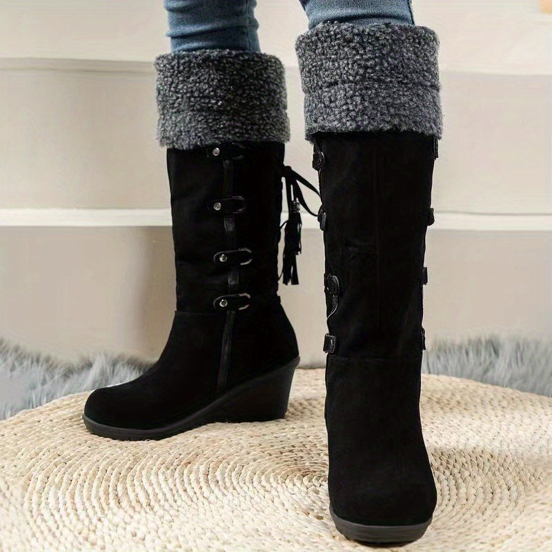 Stylish Plush Lined Wedge Heeled Boots - Knee-High Comfortable Dress Boots with Slip-On Design and Soft Inners for Women - Perfect for Casual and Formal Occasions