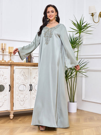 Ramadan Floral Charm - Luxurious Beaded Kaftan Dress with Long Sleeves & Tied Crew Neck - A Timeless, Flowy & Comfortable Womens Clothing Choice for Festive Occasions