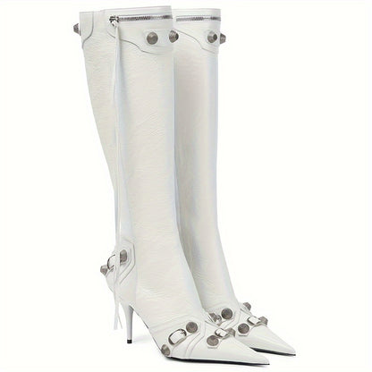 Glamorous Stiletto Knee High Boots - Studs & Tassel Accent - Pointed Toe Side Zipper Heels - Perfect for Parties - Elegant Long Design