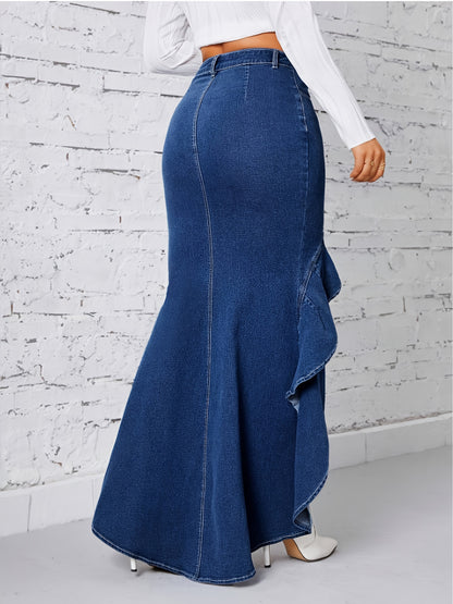 Chic Ruffle-Trimmed Midi Denim Skirt with High-Waist Split Hem - Stretchy Cotton Blend, Non-Sheer, Machine Washable - Perfect for Spring/Summer/Fall Parties & Casual Wear