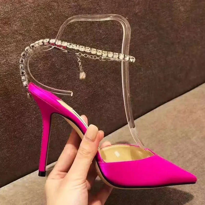 European Girls High Heels  New Summer Rhine-Diamond Chain Pointy Pink Sexy Skinny Toe Satin Pumps Kq8