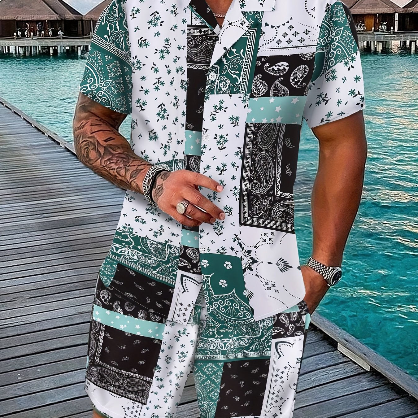 Fashionable Mens Paisley Print Short Sleeve Shirt & Shorts Set - Comfortable Resort-Ready Loungewear for Stylish Getaways - Two-Piece Ensemble