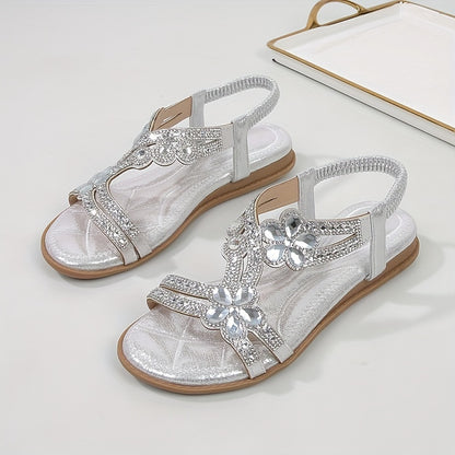 Boho-Chic Rhinestone-Embellished Flat Sandals - Elastic Slip-On Comfort for Casual Summer Days by the Beach