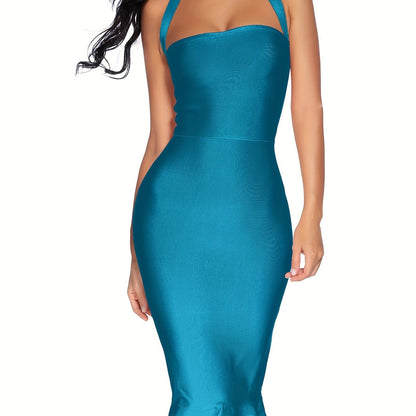 Alluring Solid Halter Neck Bodycon Dress - Fashionable Zipper Backless, Dramatic Mermaid Hem for Parties & Banquets - Womens Evening Wear