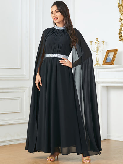 Long Sleeve Crew Neck Maxi Abaya Dress - Elegant Solid Color Block Design, Split Sleeve, Contrast Sequin Details, Non-Stretch Polyester Fabric, Belted, Middle East Style, Ideal for All Seasons