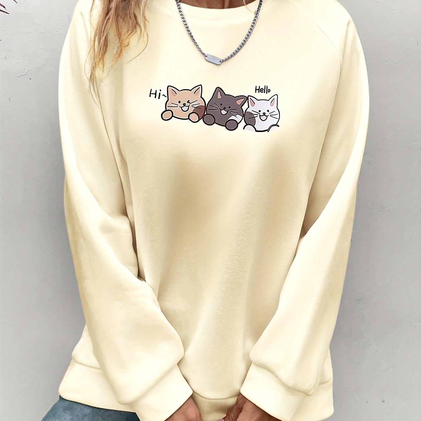 Cozy Fall/Winter Cat Print Sweatshirt - Easy-Care, Micro-Elastic, Casual Style for Women