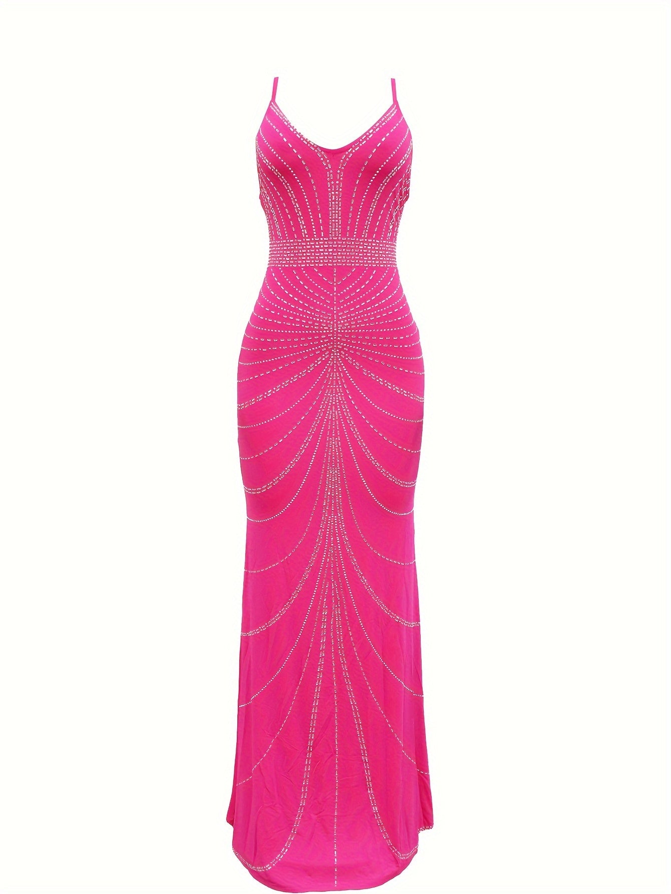 Elegant Backless Bodycon Dress - Rhinestone Accented Spaghetti Strap, Extra-Long Polyester Blend for Spring/Summer Chic